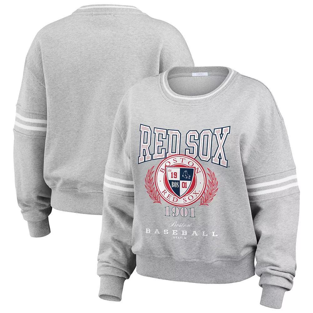 Womens WEAR by Erin Andrews Heather Gray Boston Red Sox Domestic Crest Pullover Sweatshirt Product Image