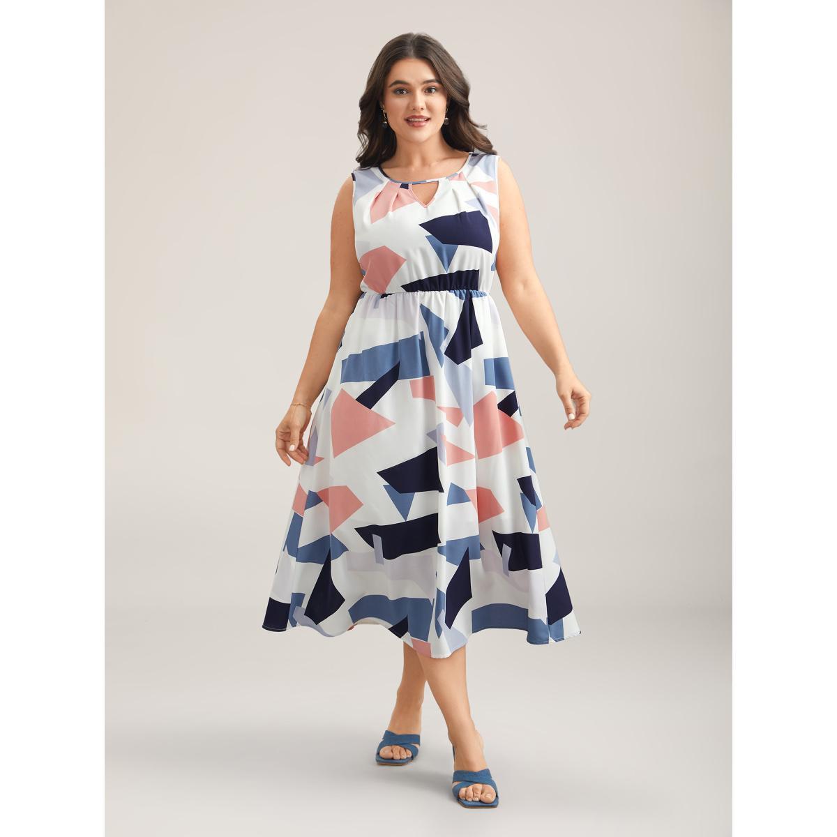 Plus Size Shapes Pattern Keyhole Pockets Midi Dress Multicolor Women Elegant Cut-Out Round Neck Sleeveless Curvy BloomChic 10/M Product Image
