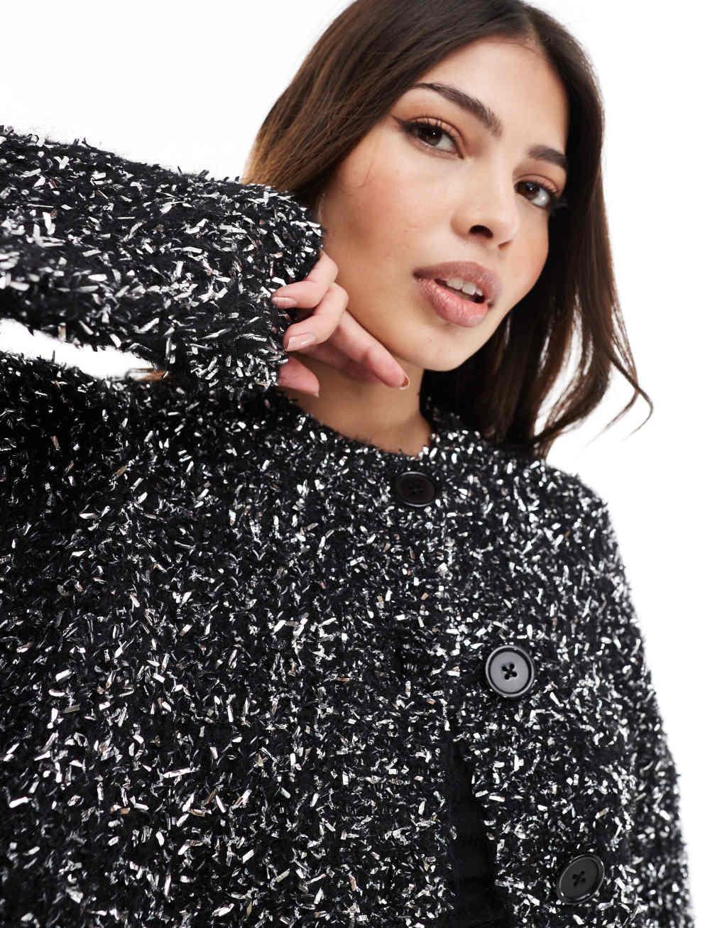 ASOS DESIGN crew neck Christmas cardigan with tinsel yarn in black Product Image