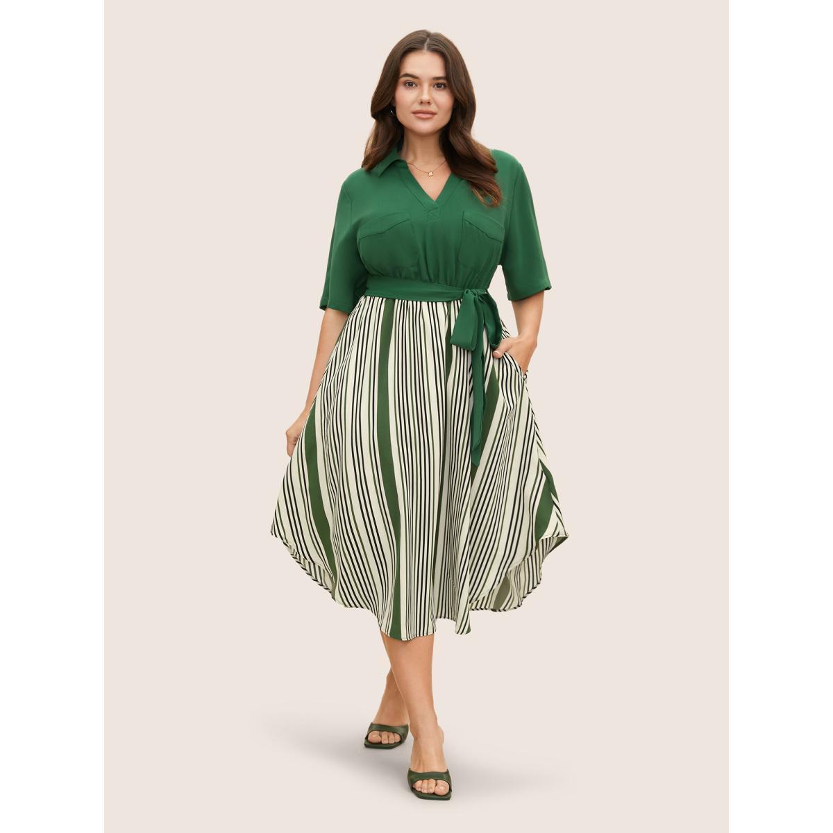 Plus Size Striped Patchwork Belted Patched Pocket Dress Truegreen Women At the Office Belted Shirt collar Half Sleeve Curvy BloomChic 30/6X Product Image