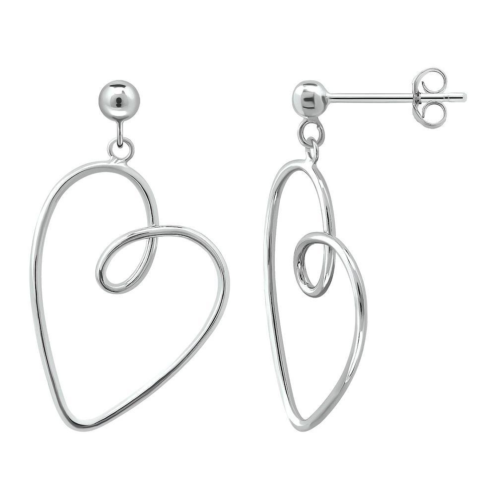 Aleure Precioso Thin Drawn Off Center Heart Drop Earrings, Women's, Silver Tone Product Image