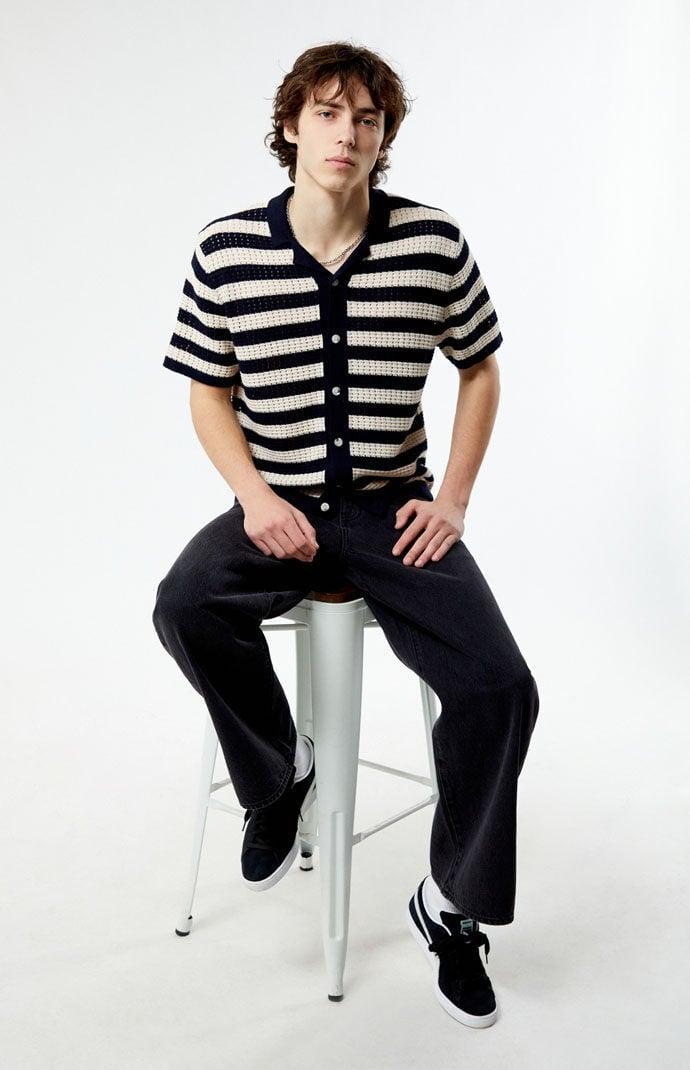 Mens Stripe Open Knit Button Down Shirt Product Image