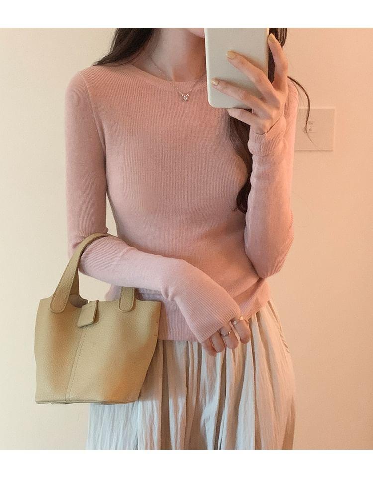 Long Sleeve Round Neck Plain Knit Top Product Image