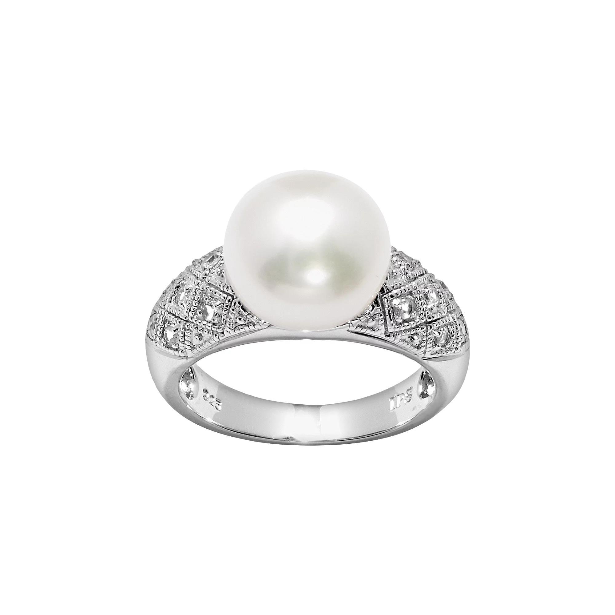 PearLustre by Imperial Sterling Silver Freshwater Cultured Pearl & White Topaz Ring, Womens Product Image