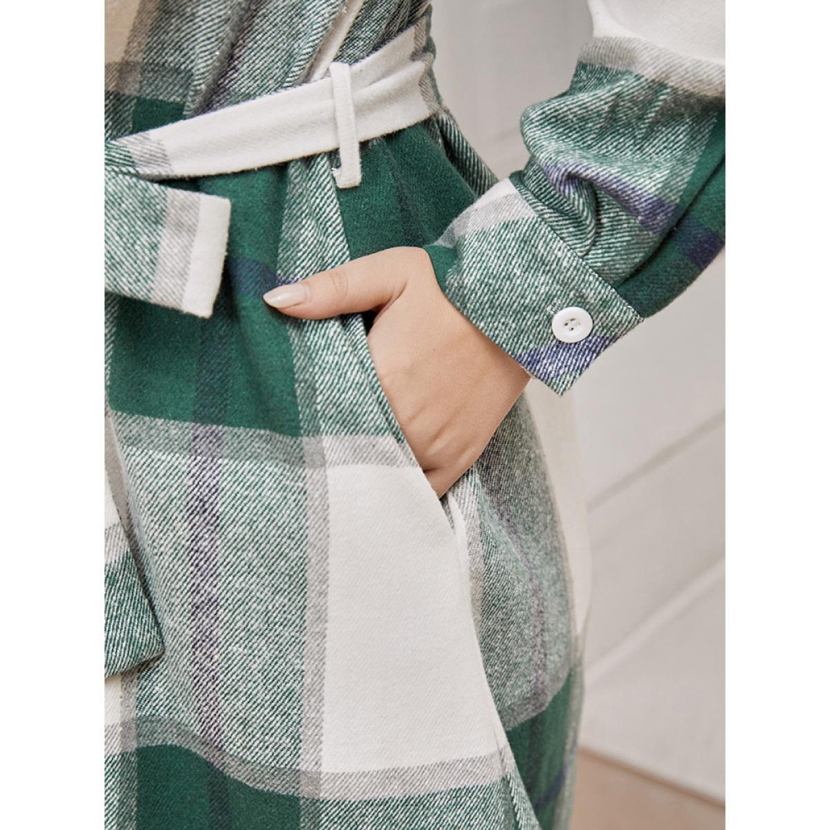 Plus Size Plaid Pocket Button Up Belted Shirt Collar Dress Green Women Elegant Button Shirt collar Long Sleeve Curvy Midi Dress BloomChic 14-16/1X Product Image
