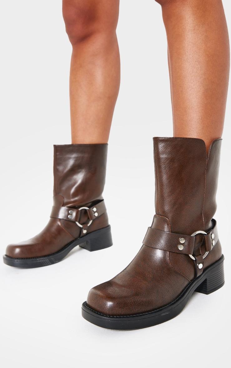 Brown PU Round Toe Buckle Harness Detail Ankle Boots Product Image