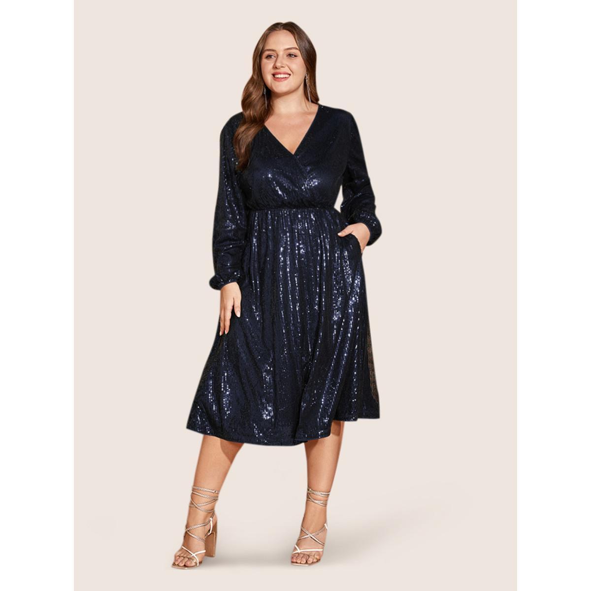 Plus Size Solid Pocket Lantern Sleeve Wrap Sequin Dress DarkBlue Women Party Pocket Overlap Collar Long Sleeve Curvy Midi Dress BloomChic 14-16/1X Product Image