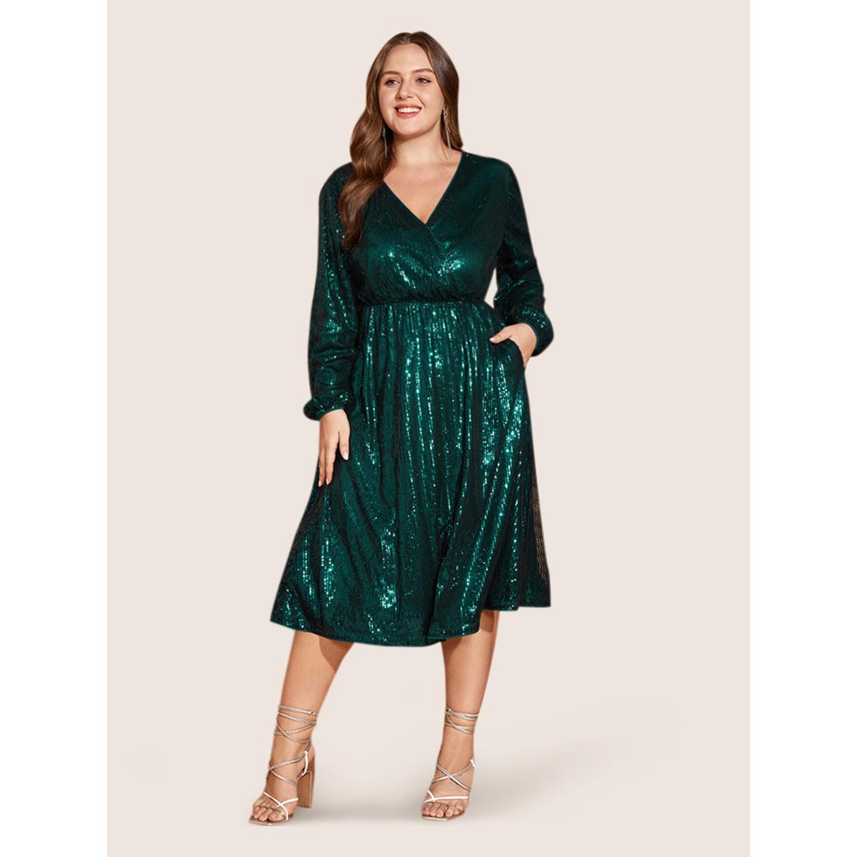Plus Size Solid Pocket Lantern Sleeve Wrap Sequin Dress DarkGreen Women Party Pocket Overlap Collar Long Sleeve Curvy Midi Dress BloomChic 10/M Product Image