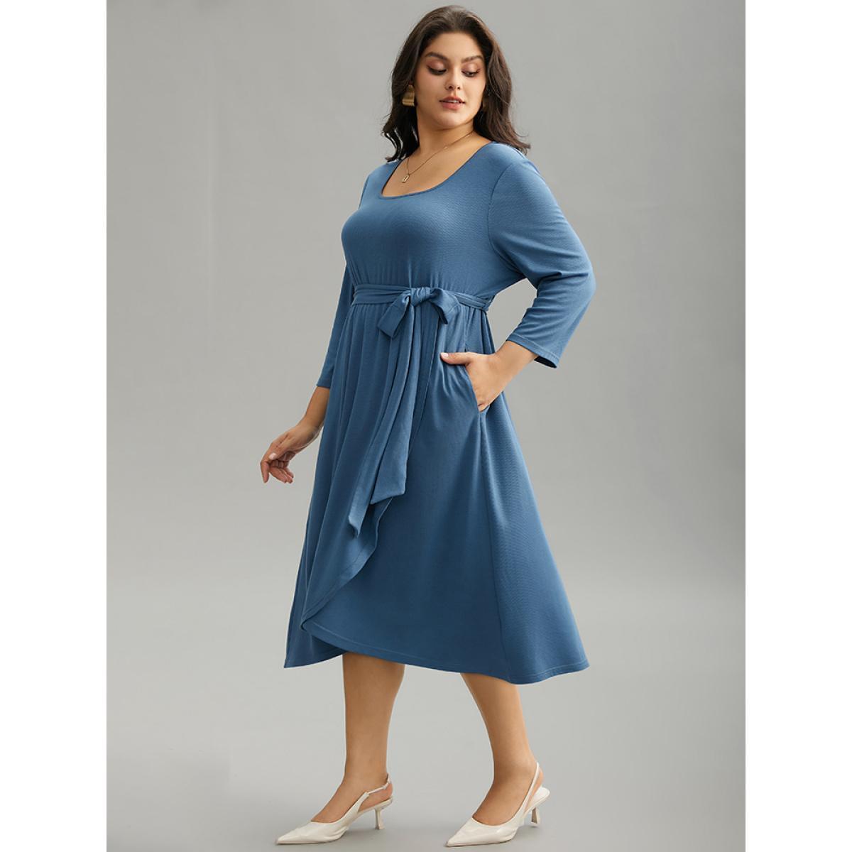 Plus Size Plain Square Neck Arc Hem Belted Wrap Dress Stone Women Office Wrap Square Neck Elbow-length sleeve Curvy Midi Dress BloomChic 14-16/1X Product Image