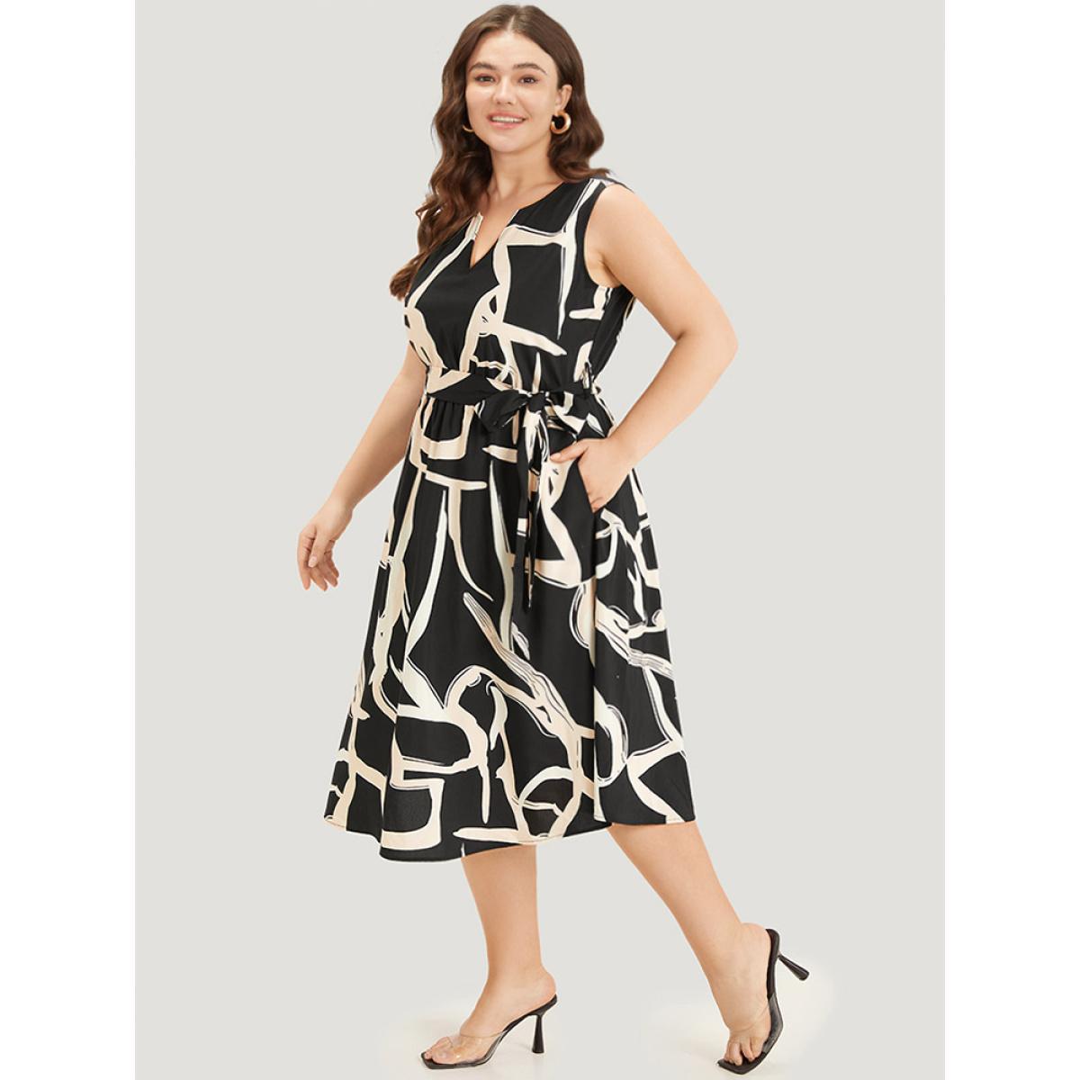Plus Size Geometric Print Pocket Notched Belted Tank Dress Black Women Office Gathered Notched collar Sleeveless Curvy Midi Dress BloomChic 22-24/3X Product Image