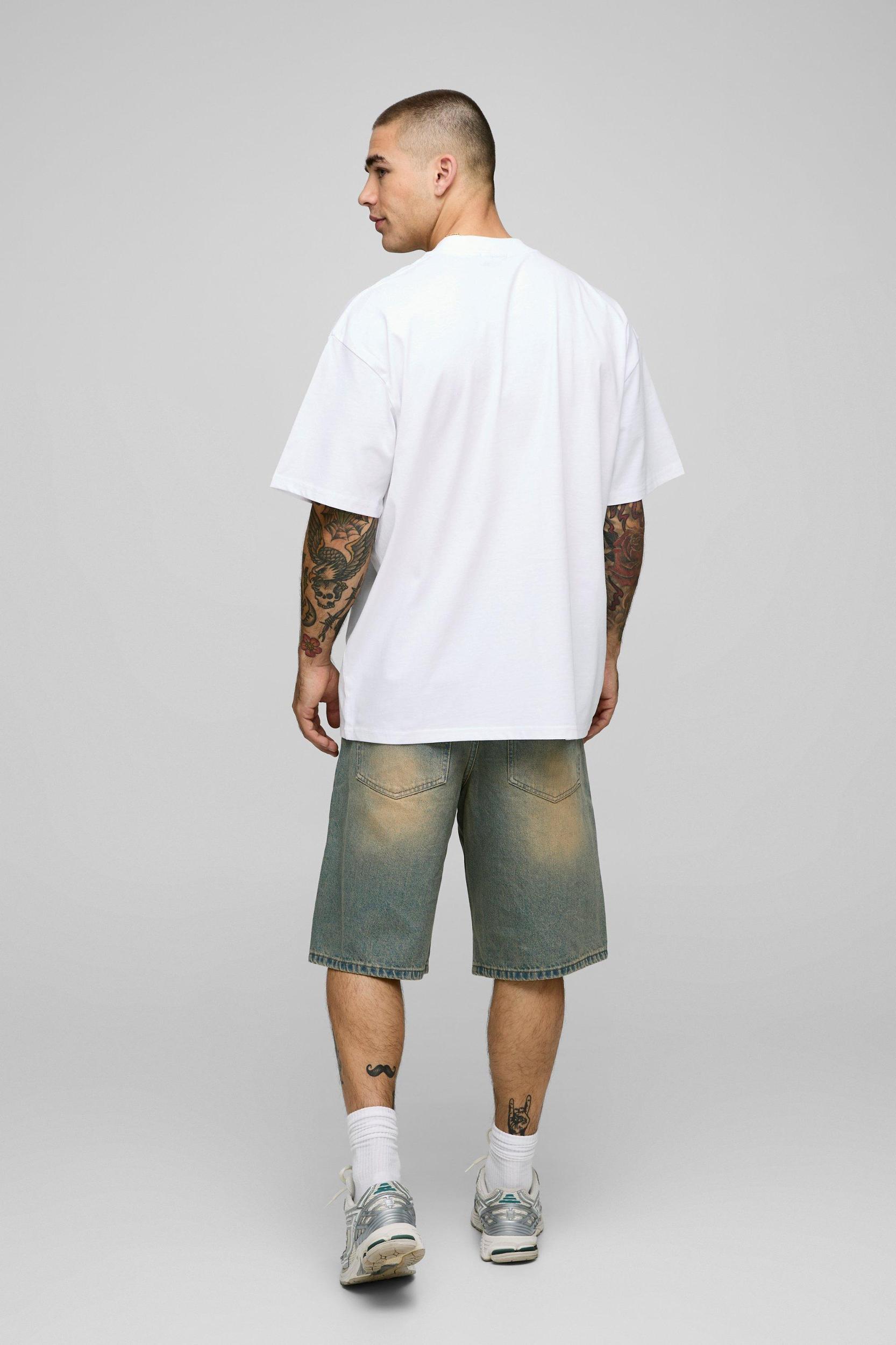 White Oversized Extended Neck Palm Moto Printed T-Shirt | boohooMAN USA Product Image
