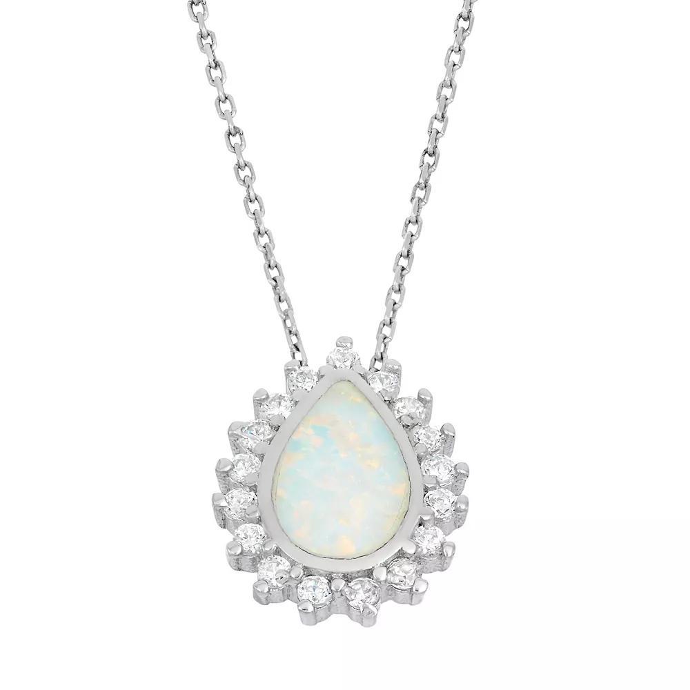 Lab-Created Opal & Cubic Zirconia Sterling Silver Teardrop Halo Pendant Necklace, Women's, Size: 18", White Product Image