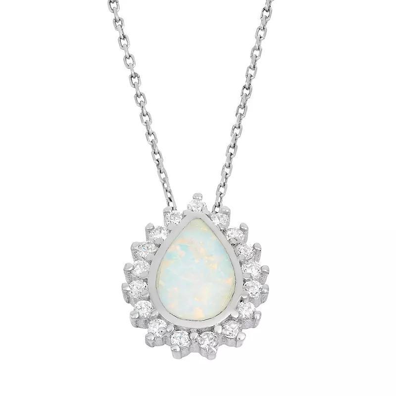 Lab-Created Opal & Cubic Zirconia Sterling Silver Teardrop Halo Pendant Necklace, Women's, Size: 18", White Product Image