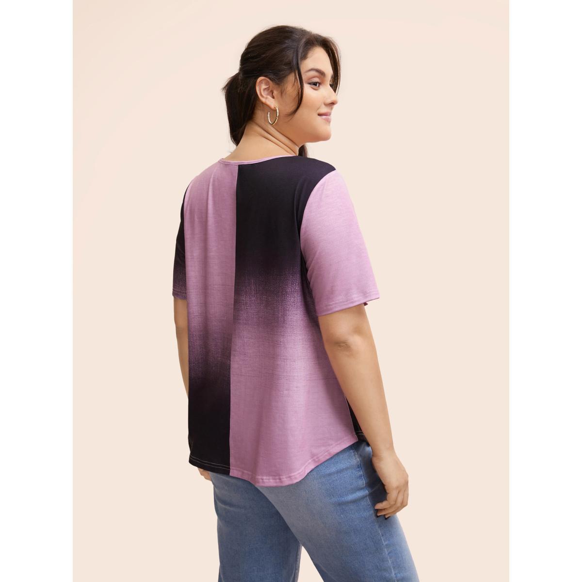 Plus Size Ombre Heather Contrast Round Neck T-shirt Mauve Women Casual Non Round Neck Everyday T-shirts BloomChic 14-16/1X Product Image