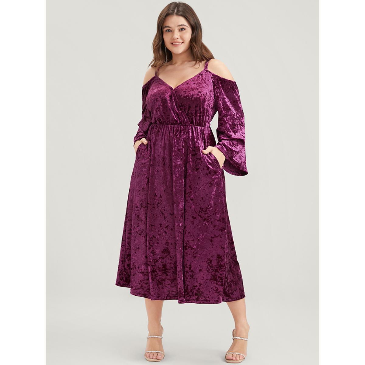 Plus Size Solid Cold Shoulder Pocket Bell Sleeve Velvet Dress RedViolet Women Party Elastic Waist Cold Shoulder Long Sleeve Curvy Midi Dress BloomChic 18-20/2X Product Image