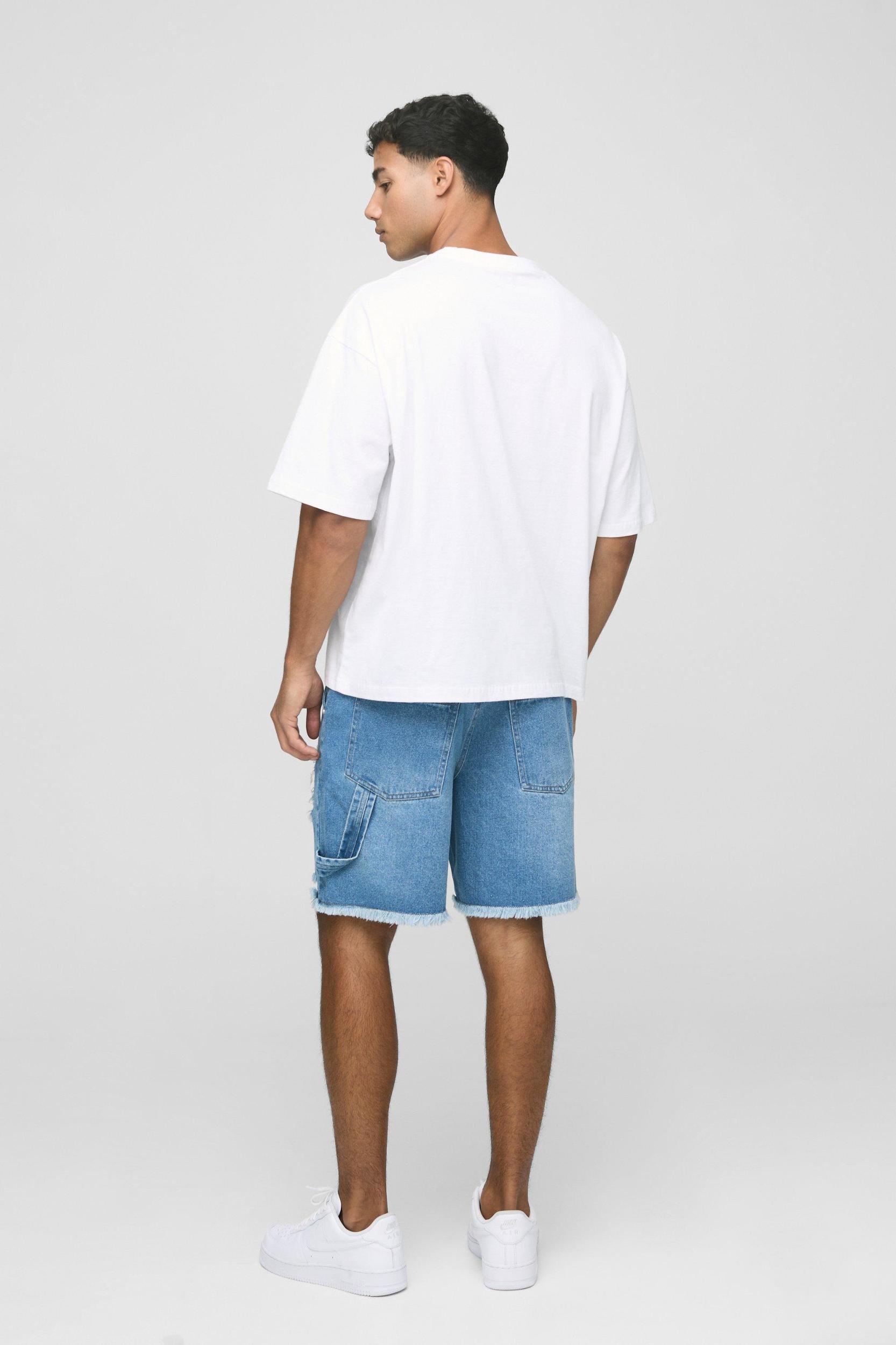 Relaxed Fit Mid Length Ripped Denim Shorts | boohooMAN USA Product Image