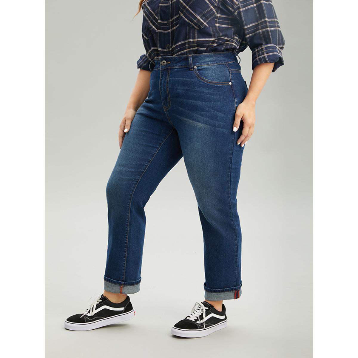 Plus Size Straight Leg Zipper Roll Hem Dark Wash Jeans Women DarkBlue Casual Plain Plain High stretch Pocket Jeans BloomChic 26/4X Product Image