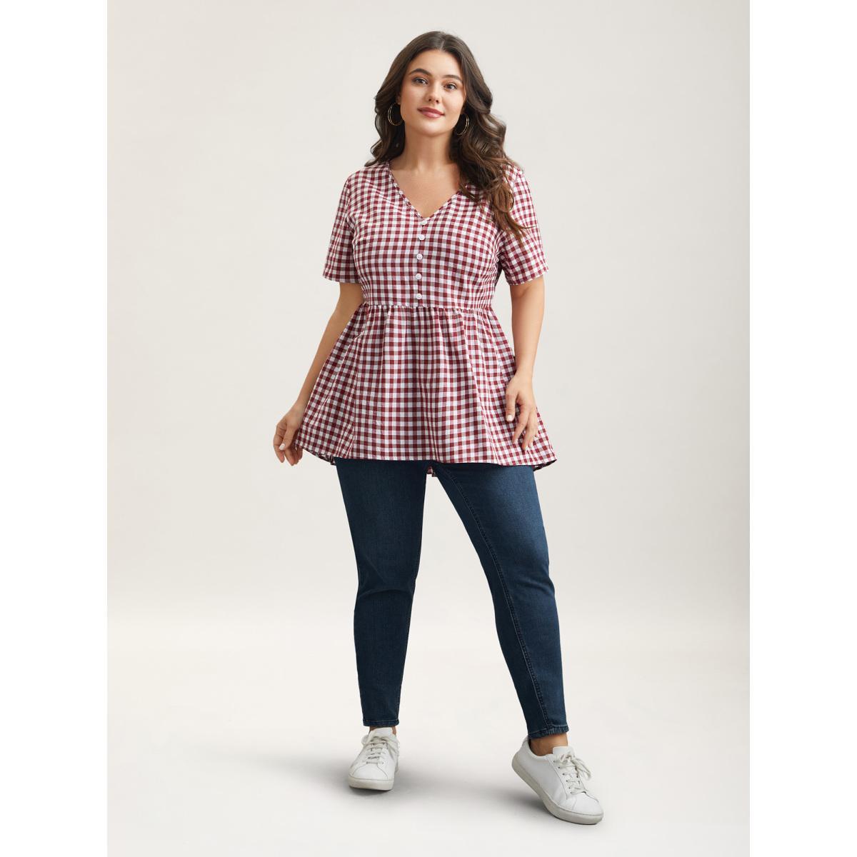 Plus Size Crimson Plaid Hi-Low Hem Button Shirt Women Casual Short sleeve V-neck Everyday Blouses BloomChic 18-20/2X Product Image