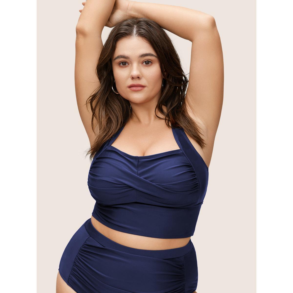 Plus Size Solid Crossover Square Neck Adjustable Straps Swim Top Women's Swimwear Indigo Beach Twist High stretch Skinny Square Neck Curve Swim Tops BloomChic 12/L Product Image