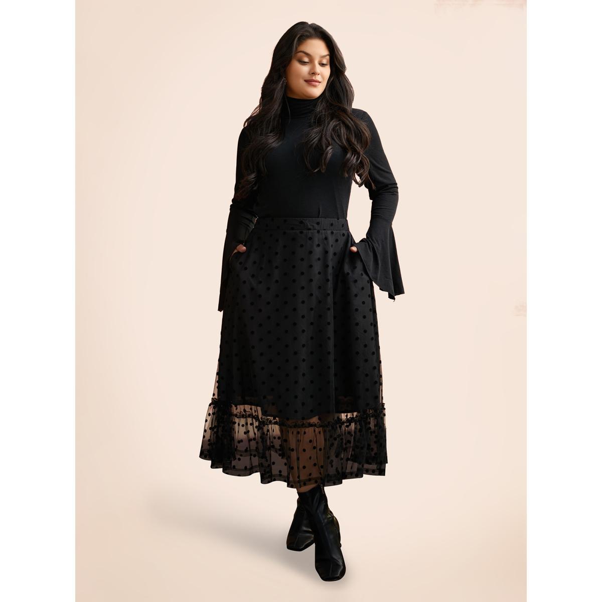 Plus Size Bell Sleeves Turtleneck T-shirt Black Women Elegant Asymmetrical Turtleneck Bodycon Everyday T-shirts BloomChic 28/5X Product Image