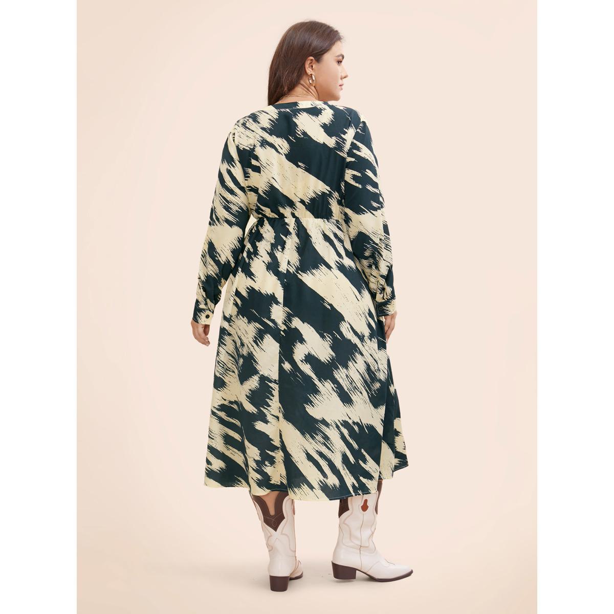 Plus Size Brush Print Notched Collar Midi Dress DarkSlateGray Women At the Office Contrast Notched collar Long Sleeve Curvy BloomChic 30/6X Product Image