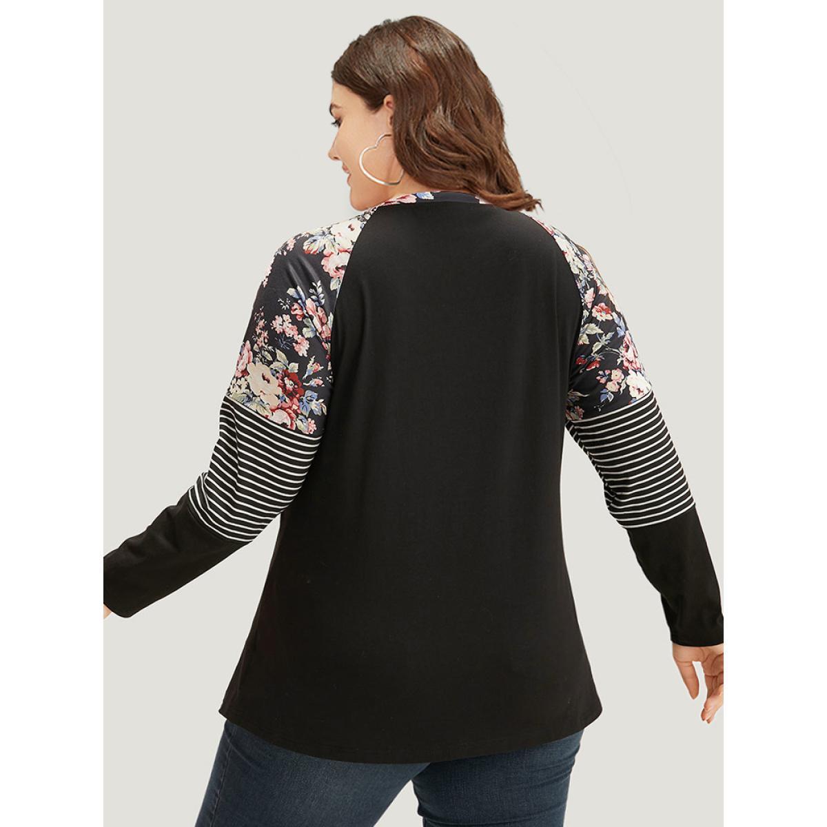 Plus Size Floral Striped Patchwork Crew Neck Raglan Sleeve T-shirt Black Women Casual Contrast Striped Round Neck Dailywear T-shirts BloomChic 12/L Product Image