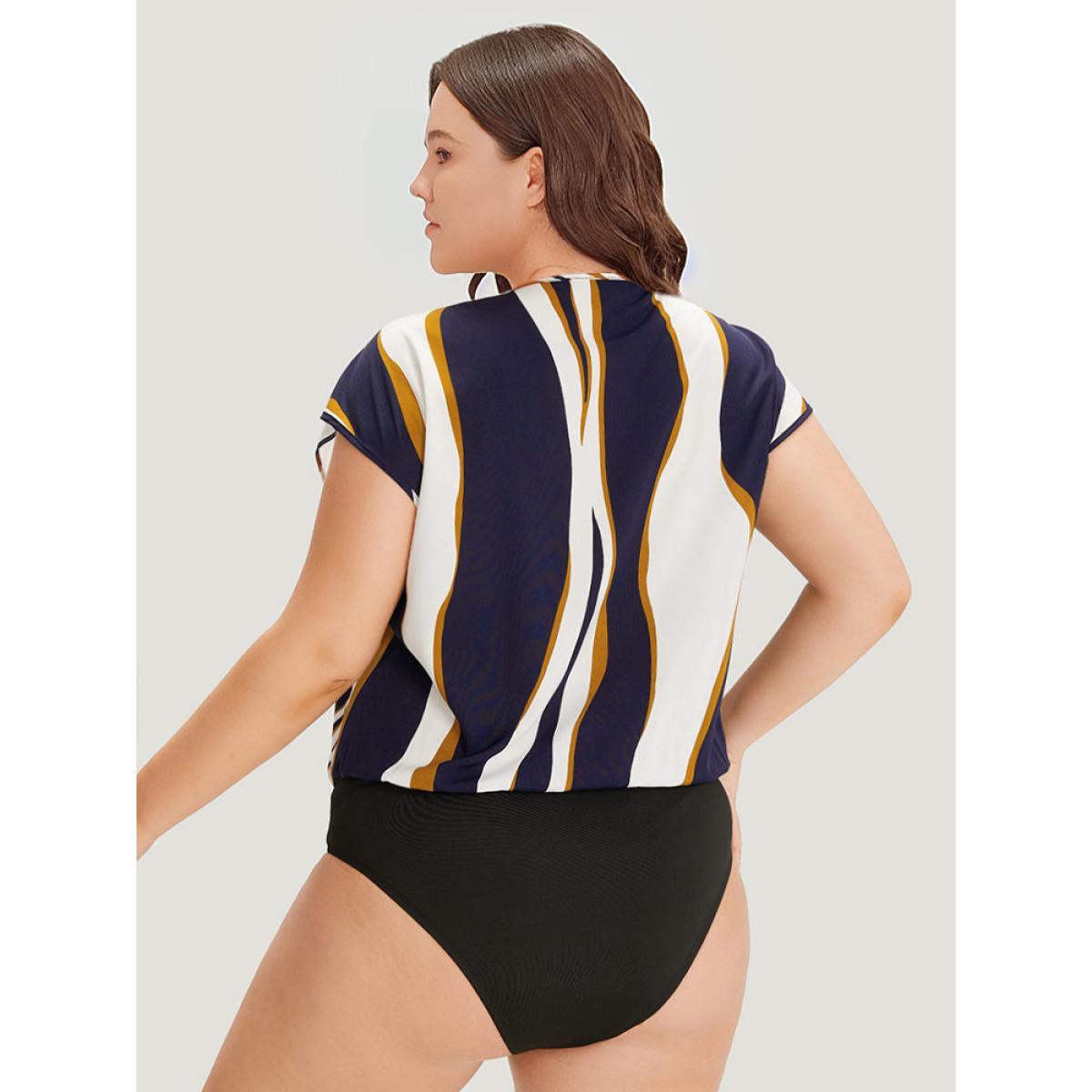 Plus Size Water Ripple Surplice Neck Dolman Sleeve Bodysuit Women Multicolor Water Ripple Wrap Bodysuits BloomChic 28/5X Product Image