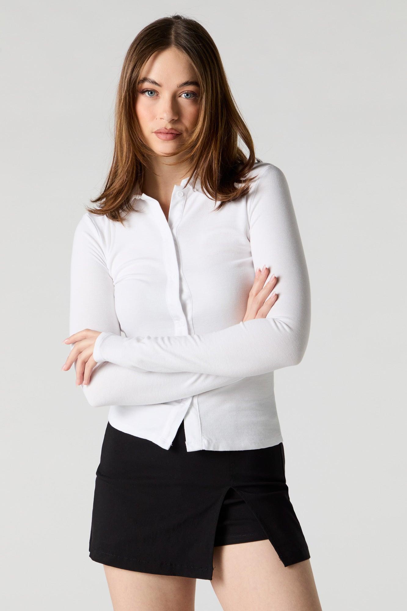 Ribbed Button-Up Front Collared Top Female Product Image