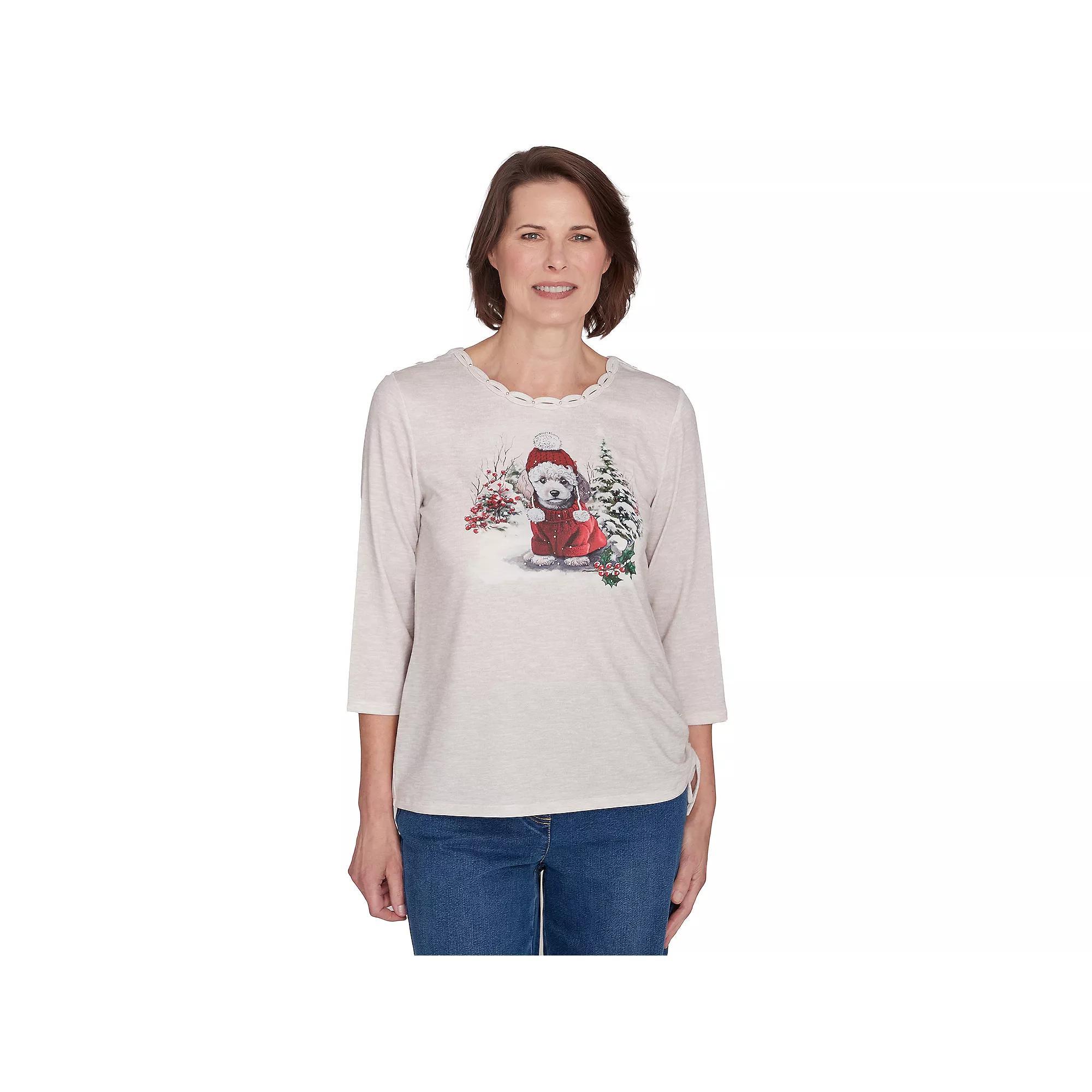 Women's Alfred Dunner Festive Poodle Drawstring Top, Size: Large, Oatmeal Product Image