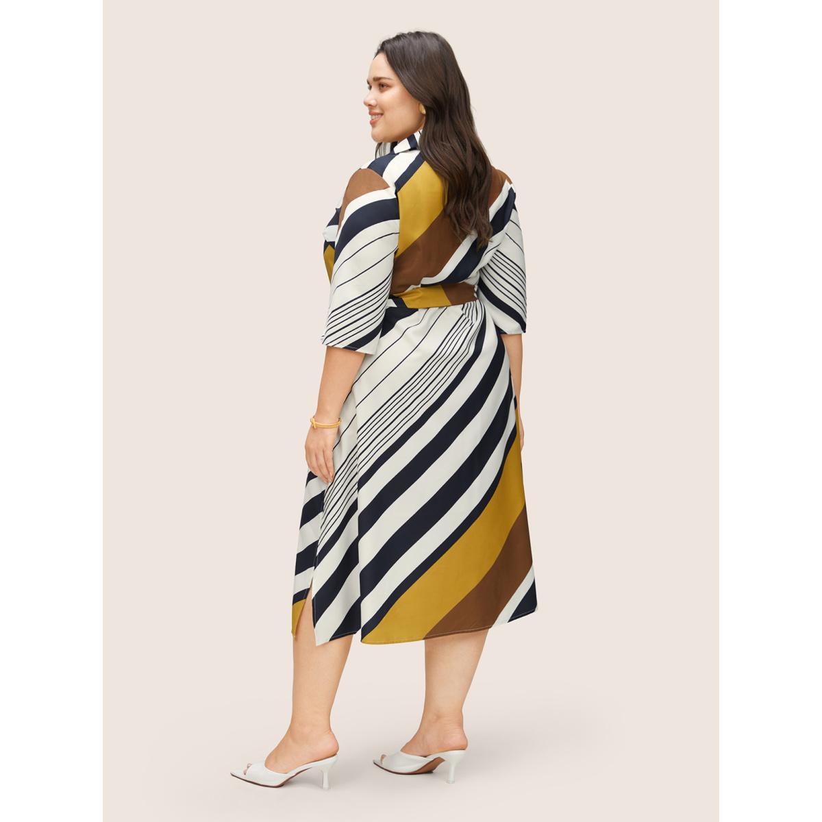 Plus Size Striped Colorblock Contrast Belted Dress Yellow Women At the Office Non Shirt collar Long Sleeve Curvy Midi Dress BloomChic 14-16/1X Product Image