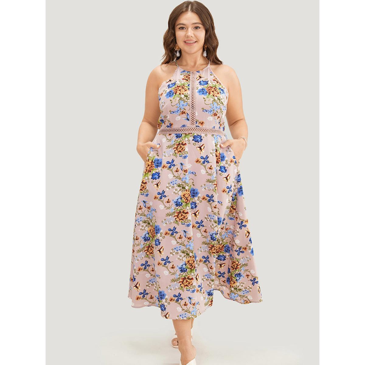 Plus Size Floral Pocket Lace Insert Split Pompom Trim Halter Dress Pink Women Elegant Lace Halter neck Sleeveless Curvy Midi Dress BloomChic 30/6X Product Image