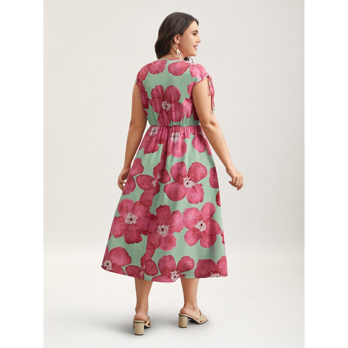 Plus Size Floral Print V-Neck Tied Midi Dress RedViolet Women Elegant Gathered V-neck Sleeveless Curvy BloomChic 26/4X Product Image