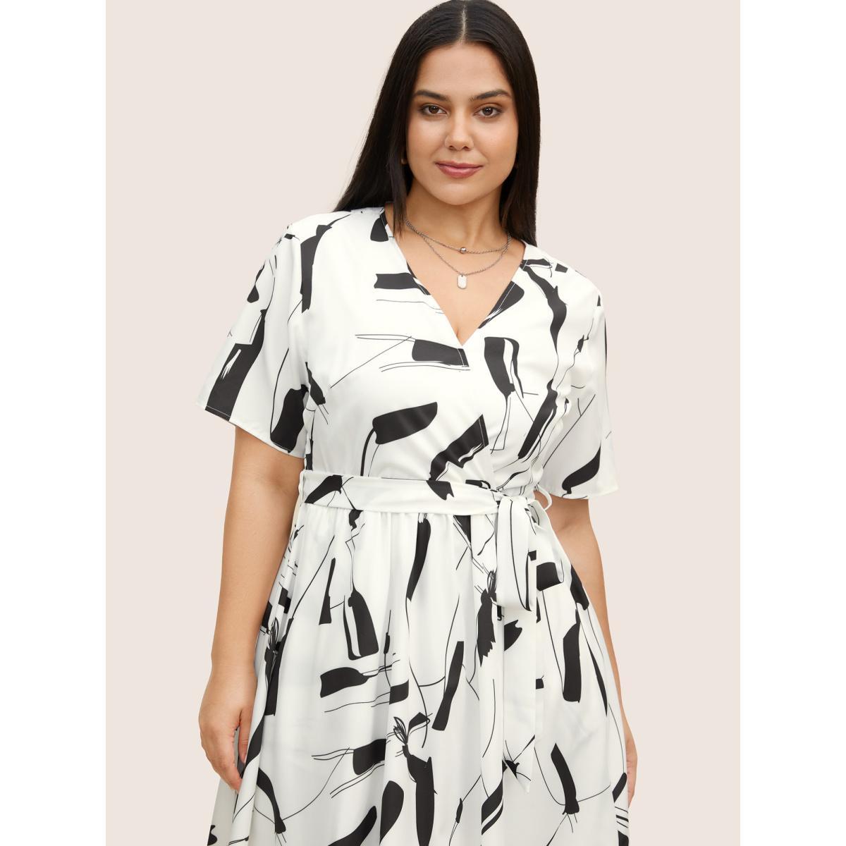 Plus Size Geometric Overlap Collar Belted Midi Dress White Women At the Office Belted Overlap Collar Half Sleeve Curvy BloomChic 26/4X Product Image