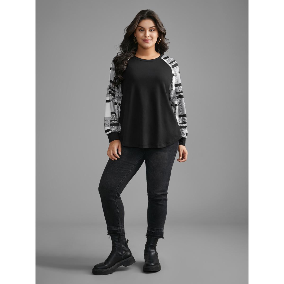 Plus Size Colorblock Contrast Raglan Sleeve Sweatshirt Women Black Casual Contrast Loose Round Neck Everyday Sweatshirts BloomChic 18-20/2X Product Image