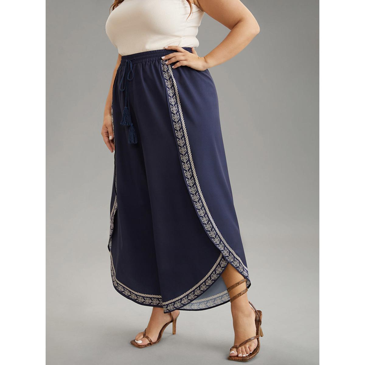 Plus Size Bandana Tassel Trim High Rise Curved Hem Pants Women Indigo Vacation Wide Leg High Rise Vacation Pants BloomChic 28/5X Product Image
