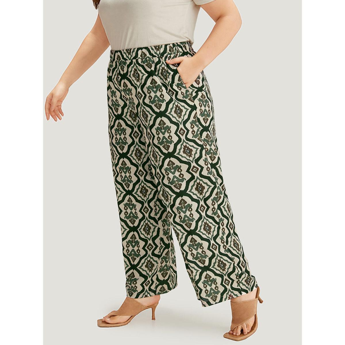 Plus Size Boho Print Pocket Elastic Waist Pants Women ArmyGreen Resort Straight Leg High Rise Vacation Pants BloomChic 12/L Product Image