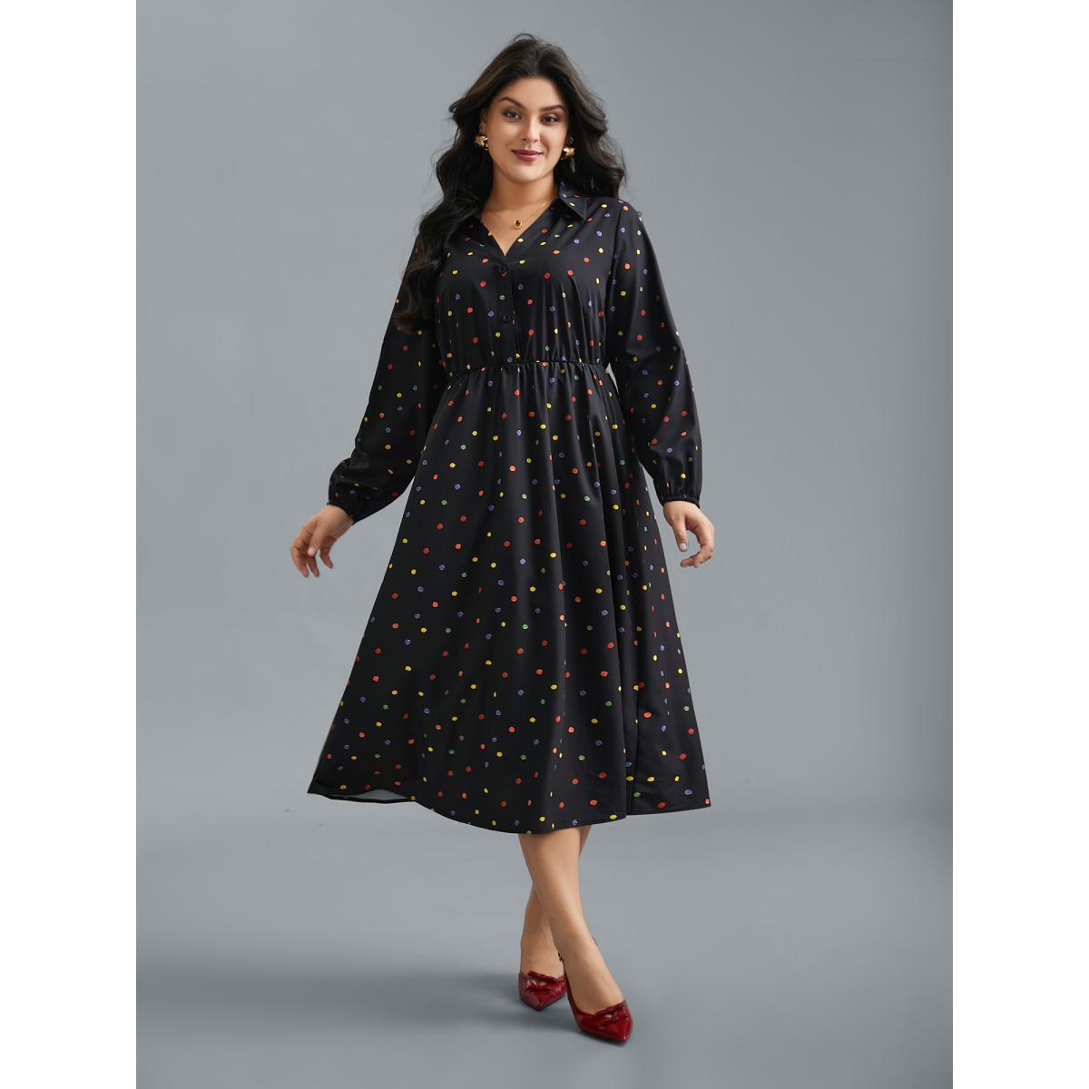 Plus Size Shirt Collar Colored Polka Dot Dress Black Women Elegant Button Shirt collar Long Sleeve Curvy BloomChic 12/L Product Image