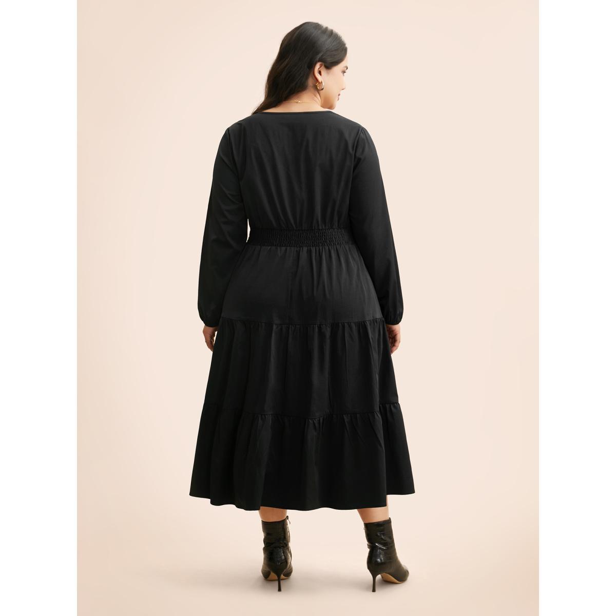 Plus Size Notched Button Detail Ruffle Layered Hem Dress Black Women At the Office Button Flat collar with V-notch Long Sleeve Curvy BloomChic 30/6X Product Image