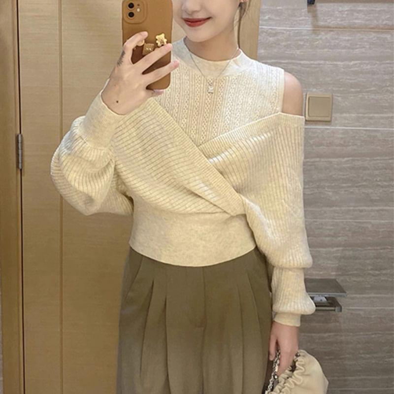 Cold Shoulder Plain Mock Two Piece Wrap Sweater Product Image