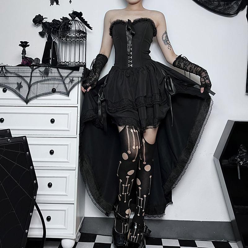 Strapless Plain Bow Lace Trim High Low A-Line Corset Dress Product Image