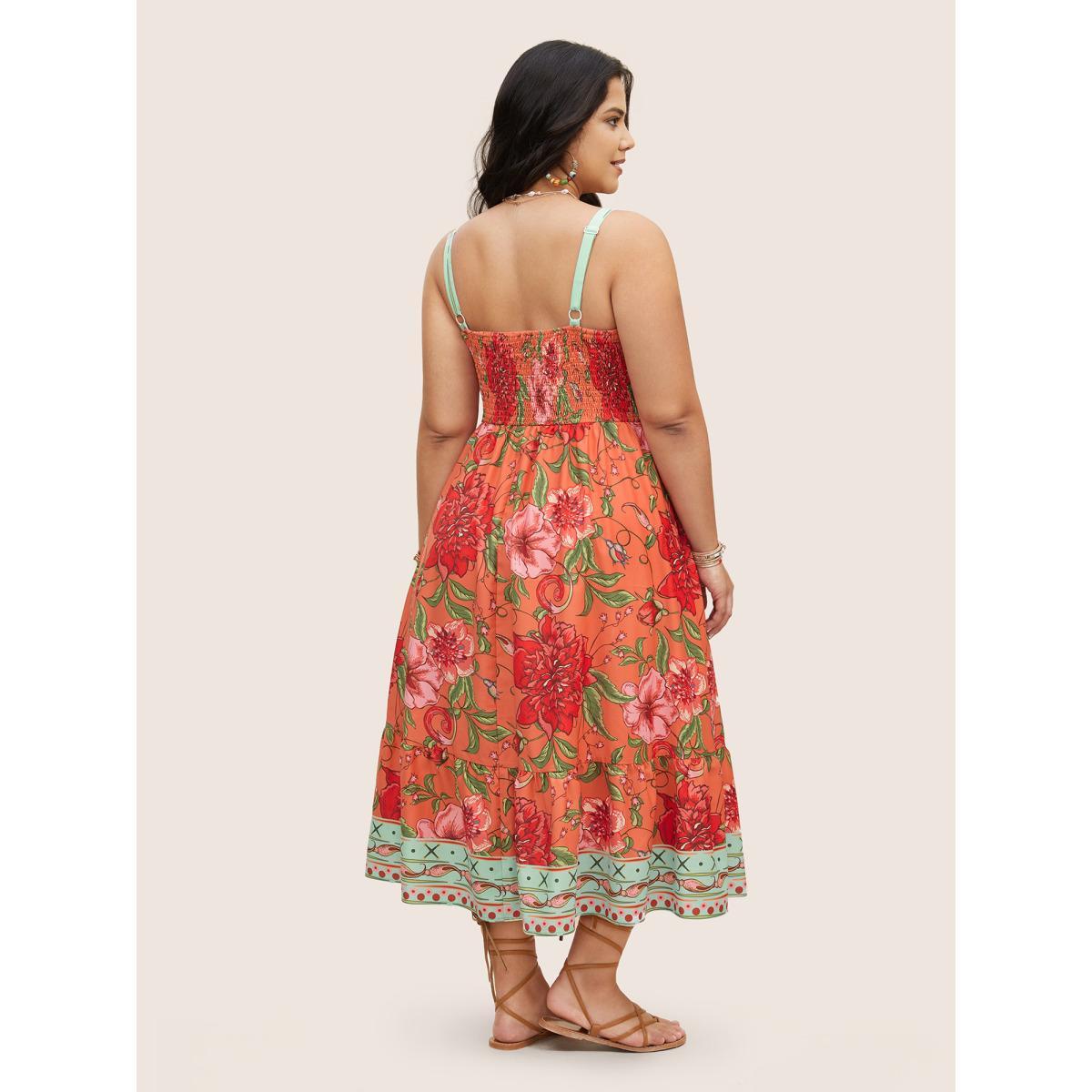 Plus Size Floral Print Elastic Waist Shirred Cami Dress Salmon Women Resort Non V-neck Sleeveless Curvy BloomChic 26/4X Product Image