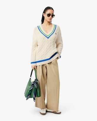 V Neck Cable Knit Cotton Tennis Sweater Product Image