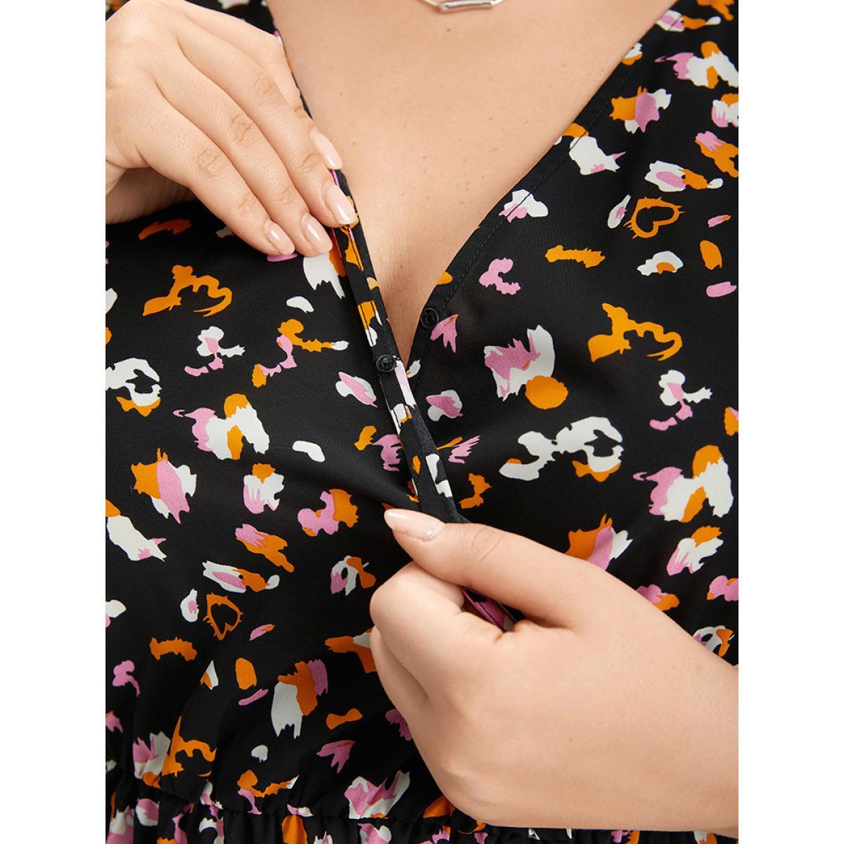 Plus Size Colour Leopard Print Wrap Elastic Waist Ruffle Hem Dress Black Women Elegant Elastic Waist V-neck Short sleeve Curvy Midi Dress BloomChic 12/L Product Image