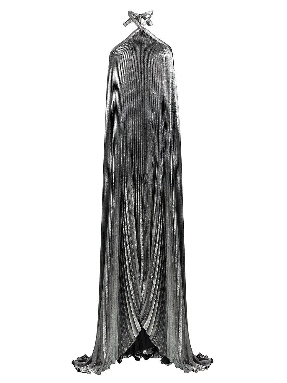 Womens La Fte Desse Metallic Asymmetric Pleated Halterneck Gown Product Image
