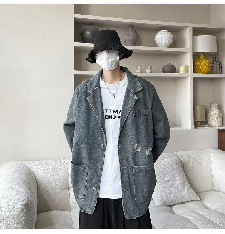 Lapel Collar Washed Denim Distressed Button Blazer Product Image