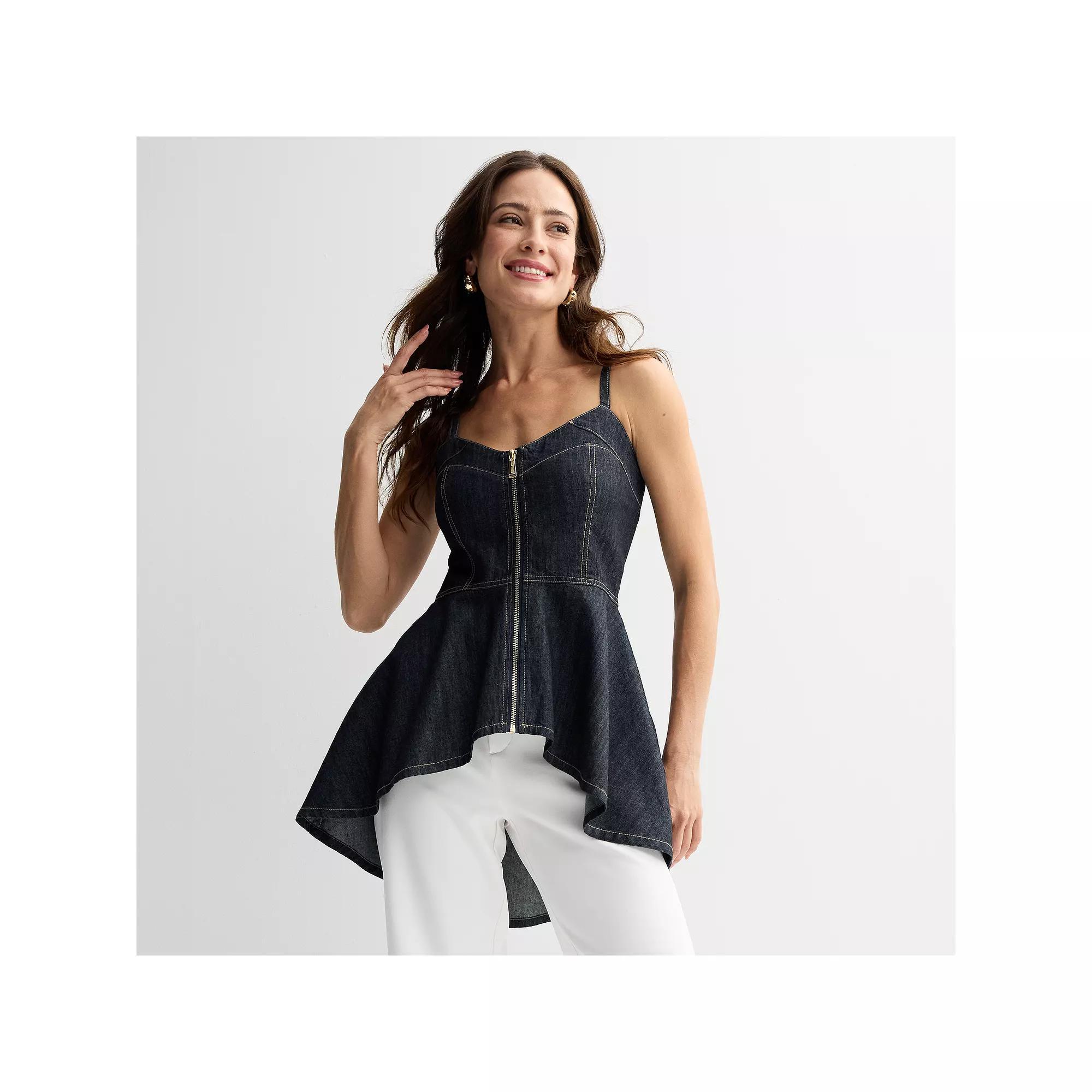 Women's Thalia Sodi Zip Front Denim Peplum Tank Top, Size: Medium, Blue Product Image