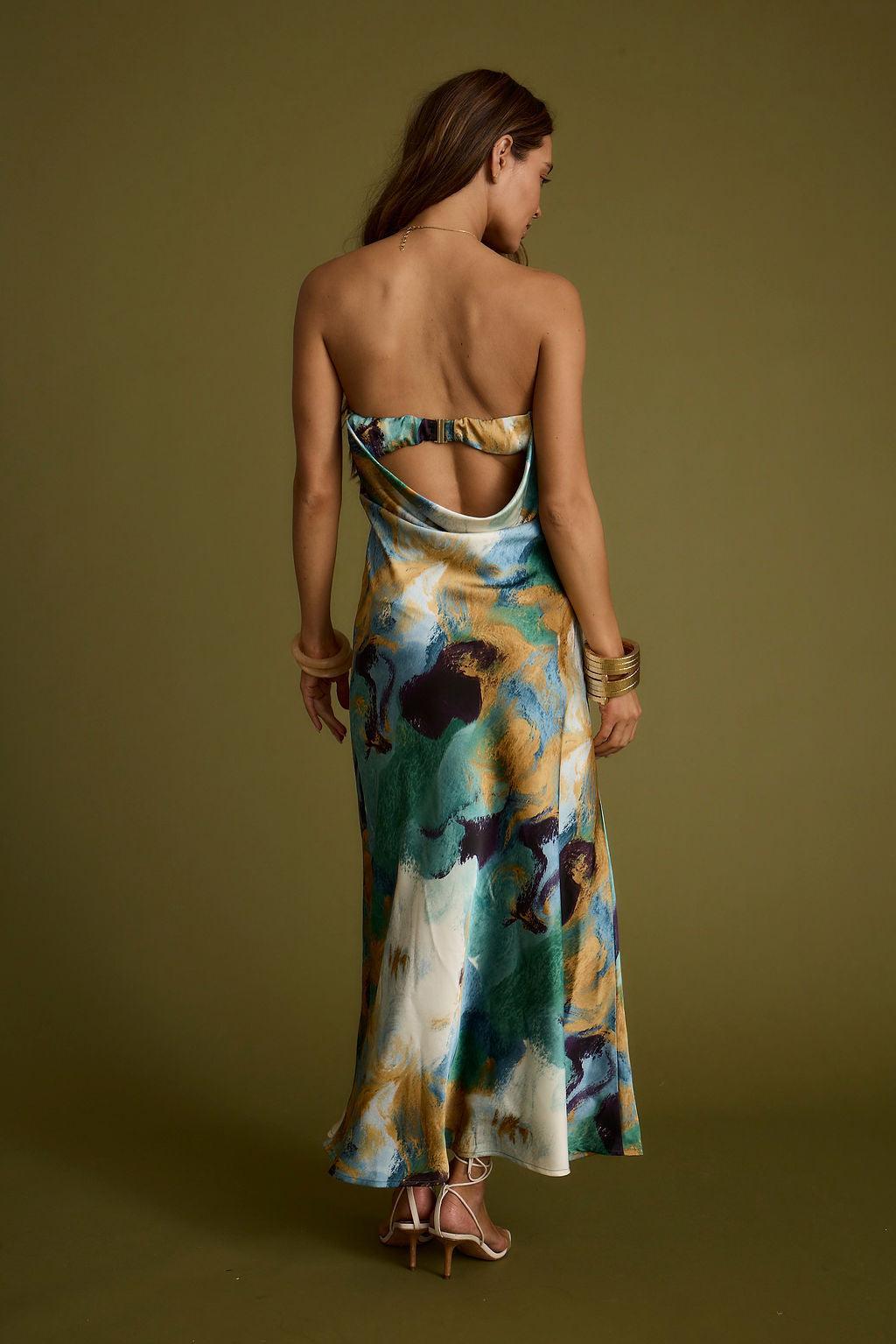 Natalia Blue and Gold Watercolor Strapless Maxi Dress Product Image