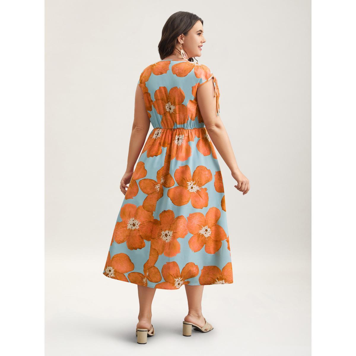Plus Size Floral Print V-Neck Tied Midi Dress LightBlue Women Elegant Gathered V-neck Sleeveless Curvy BloomChic 14-16/1X Product Image