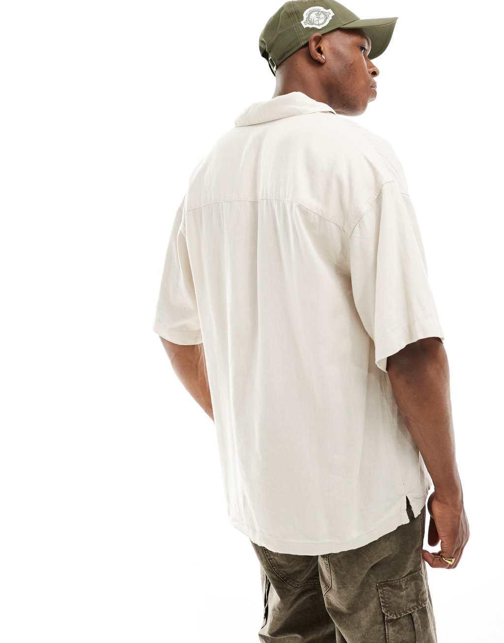 Jack & Jones super oversized button down linen mix shirt in beige  Product Image