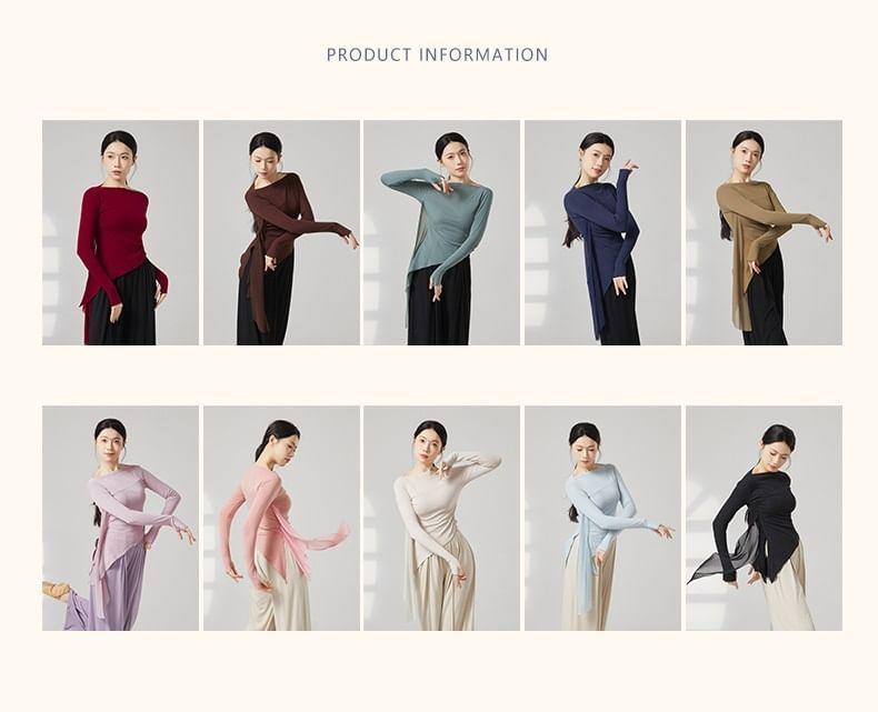 Long-Sleeve Boat Neck Plain Thumbhole Asymmetrical Dance Top / Elbow-Sleeve Dance Top Product Image
